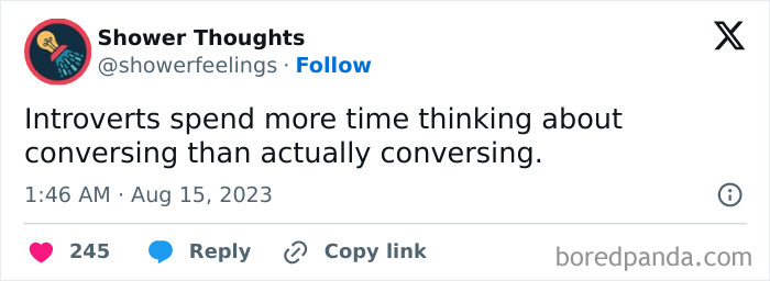 Tweet by "Shower Thoughts" about introverts thinking more about conversing; emphasizes showering ideas.