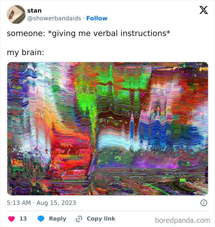 Colorful abstract art meme humorously depicts relatable mental health struggles.