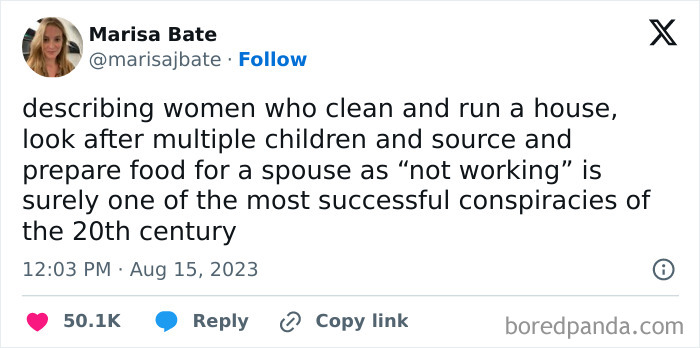 Screenshot of a tweet advocating social justice, questioning the notion that household work isn't considered real work.