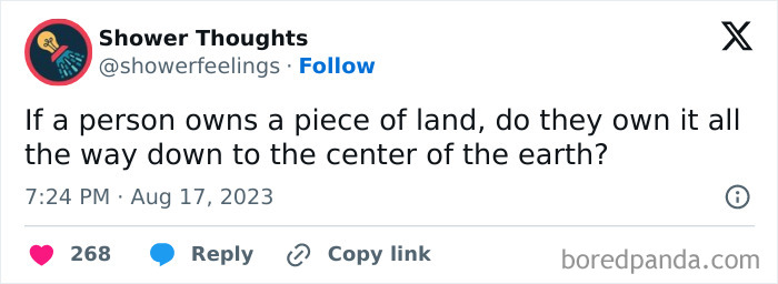 Shower thought asking if land ownership extends to the Earth's core.
