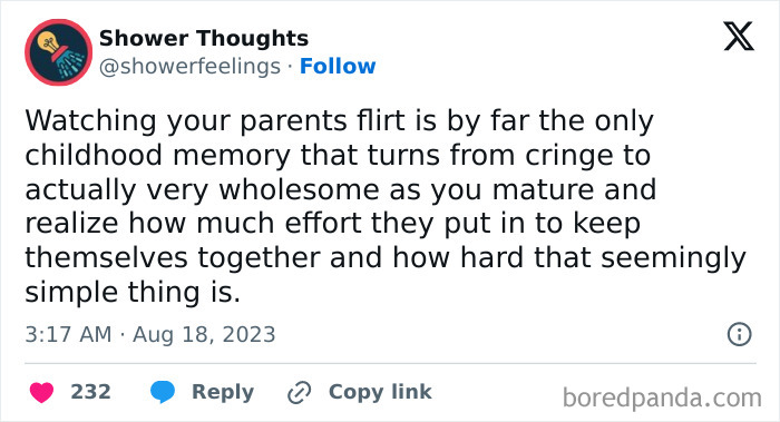 Tweet from Shower Thoughts about parents' flirting, highlighting ideas that come to us while showering.