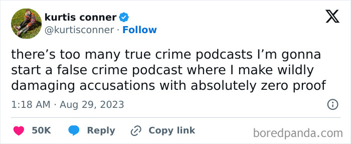 Tweet showing peak internet humor about starting a podcast with absurd accusations.