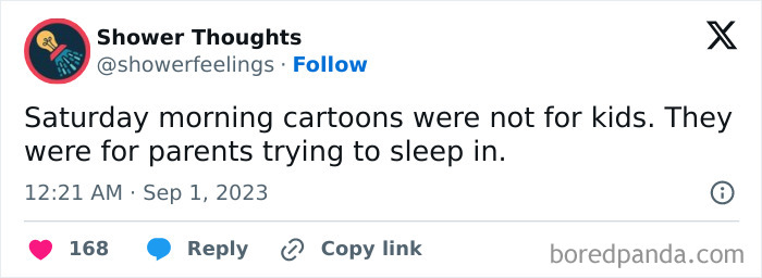 Tweet about cartoons as a solution for parents' Saturday sleep, from Shower Thoughts.