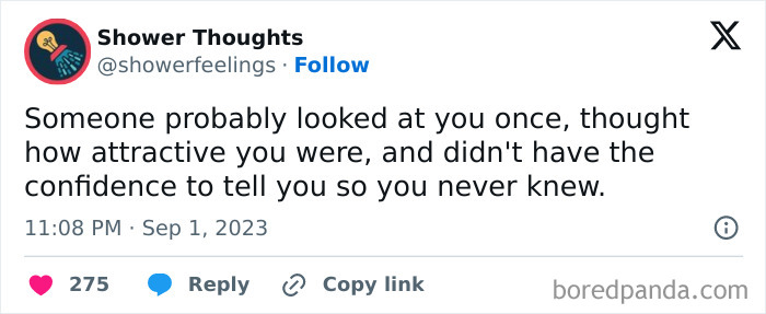 Shower thoughts tweet about unnoticed attraction with engagement metrics shown.