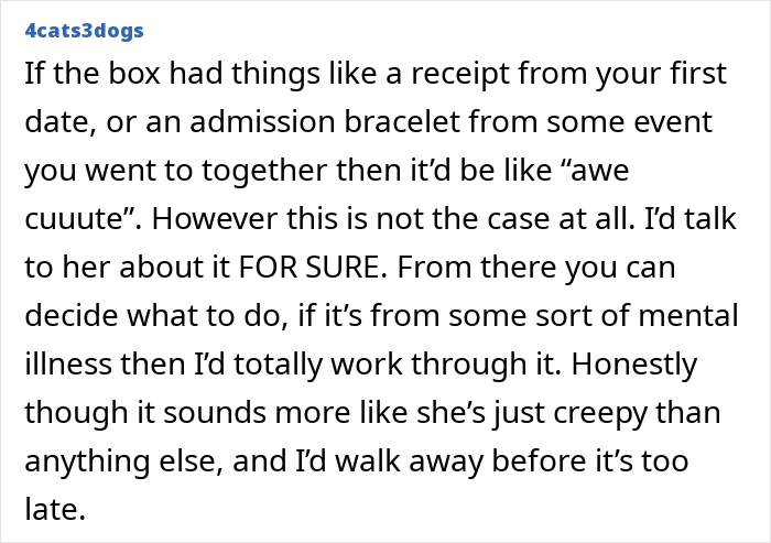 Text post discussing a guy's relationship turn after finding a creepy box in girlfriend's wardrobe.