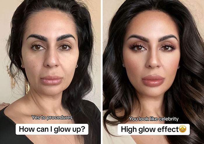 Before and after digital makeover showcasing a high-glow effect transformation by content creator.