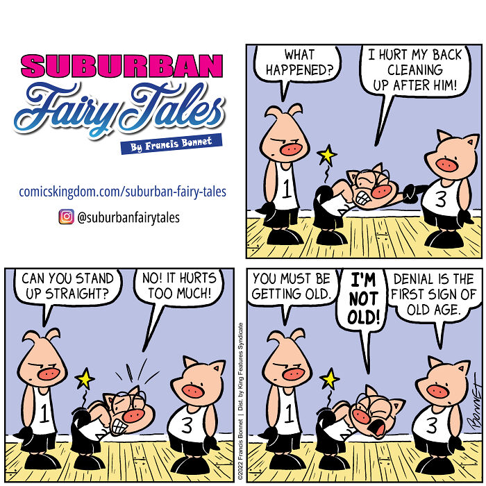 Comic strip featuring pigs humorously depicting relationship disasters from a pig's perspective in a suburban fairy tale setting.