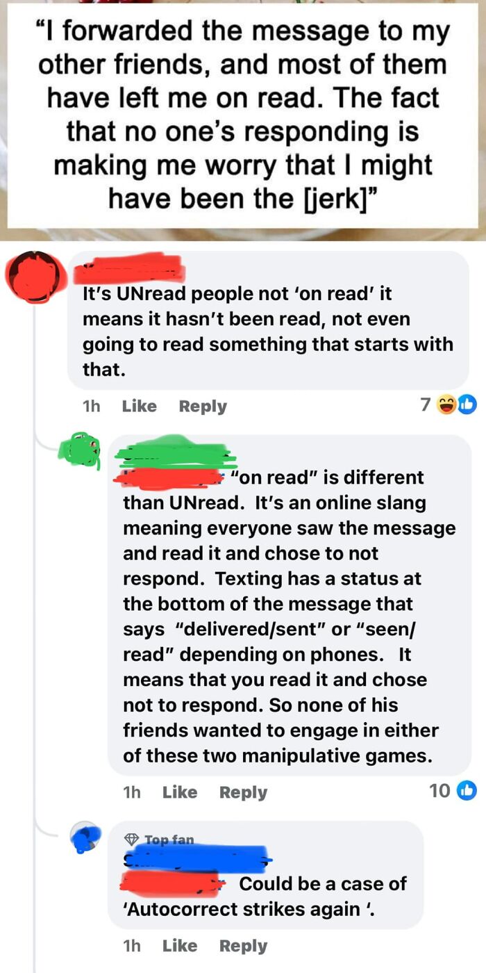 Confusing online exchange with incorrect correction about the term "on read."