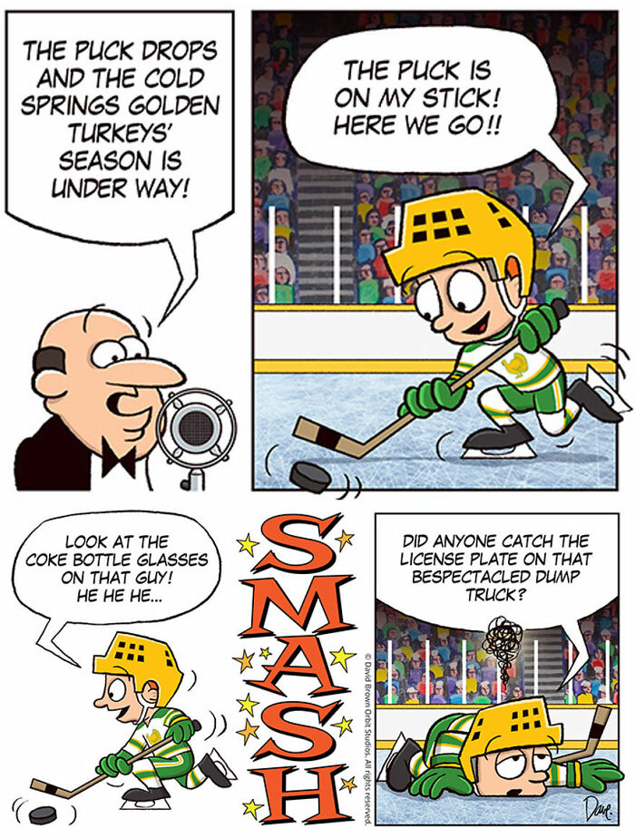 Cartoon of Planey Joey playing hockey, holding a stick, and crashing into the boards with comedy text sounds.