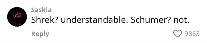 Comment comparing Shrek and Amy Schumer with 9863 likes.