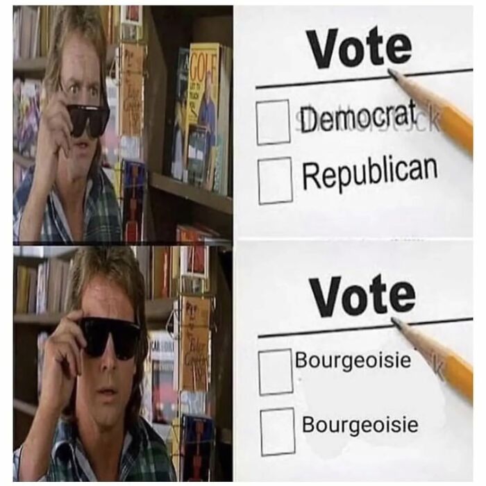 Man with sunglasses sees voting options transform, highlighting anti-capitalism themes.
