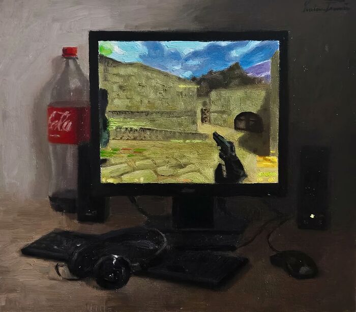 Oil painting depicting Eastern Europe's nostalgia with a computer screen and Coke bottle.