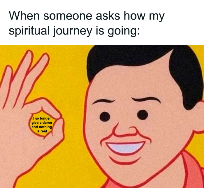 Cartoon person smirking with an okay hand gesture, highlighting mental health memes humor.