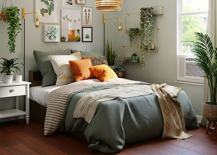 Cozy bedroom with whimsical decor, featuring plants, art, and layered bedding for a serene ambiance.