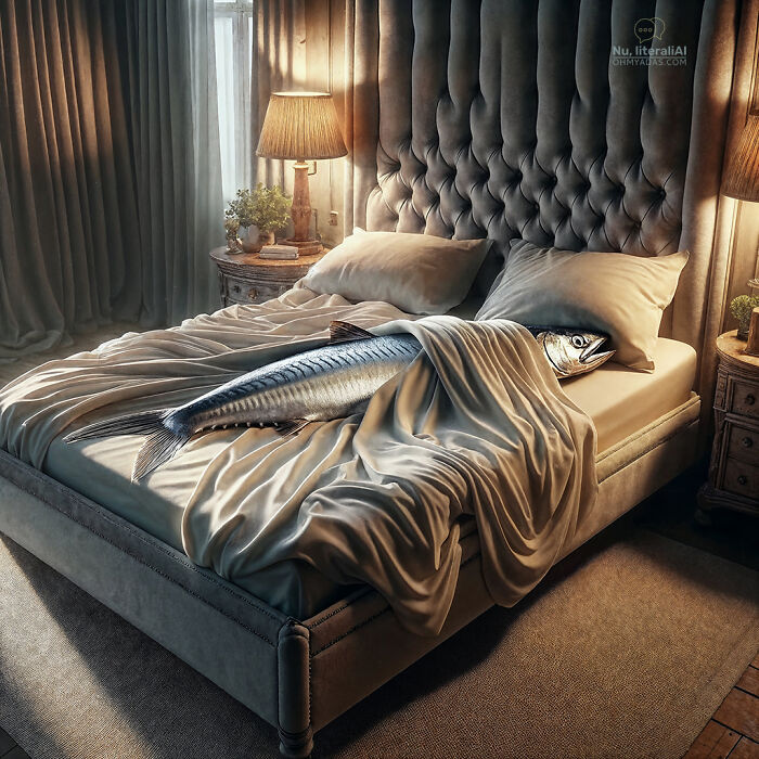 A fish lying in a neatly made bed in a cozy bedroom, representing funny idioms and interpretations.