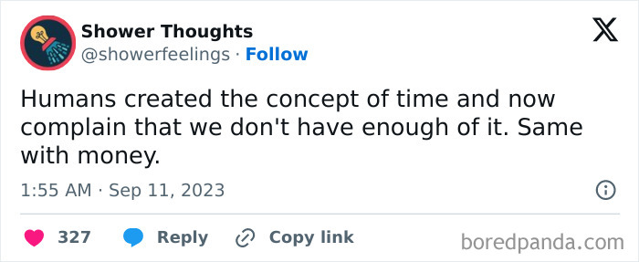 Shower thoughts tweet on time and money, highlighting unexpected insights.