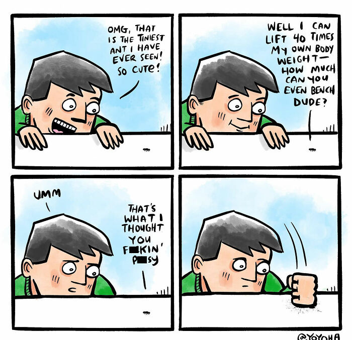 Comic by Yoyoha depicting a humorous interaction between a man and an ant about strength.