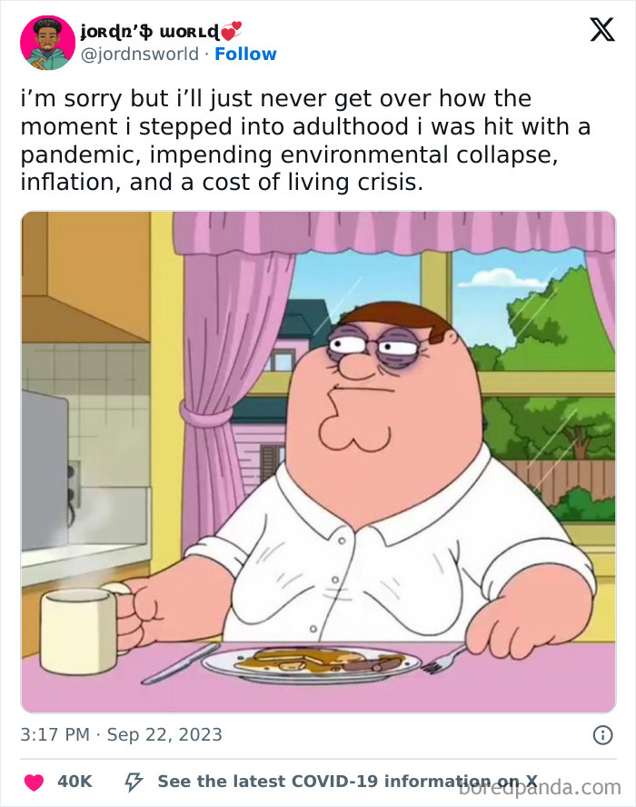 Cartoon character tiredly sipping coffee, humorously depicting adulthood challenges.