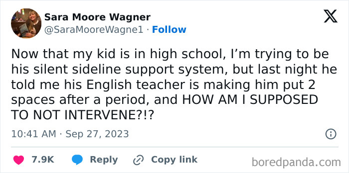 Tweet expressing frustration with a teacher's outdated punctuation rule; a parent's dilemma about intervening.
