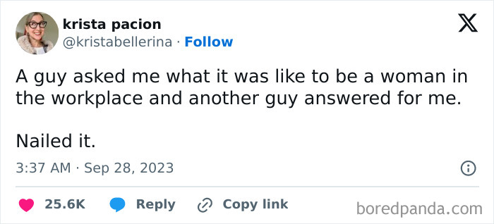Tweet highlighting social justice: A woman shares workplace experience where a man answered a question meant for her.