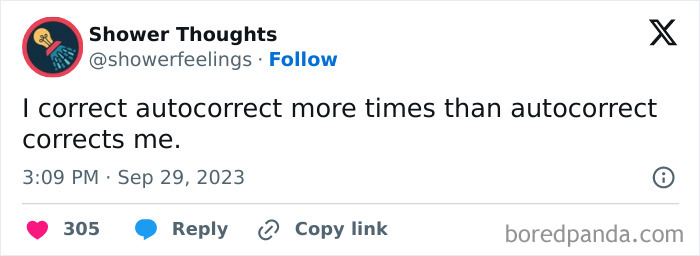 Tweet from Shower Thoughts about correcting autocorrect, highlighting best ideas from showering.