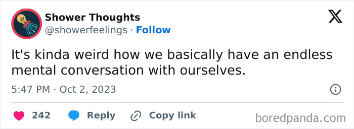 Shower Thoughts tweet about endless mental conversations and self-reflection.