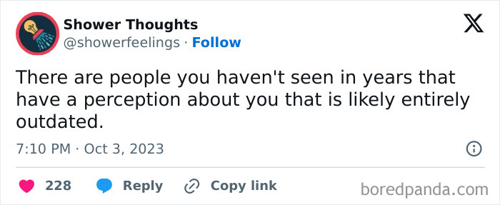 Tweet from Shower Thoughts about outdated perceptions of people.