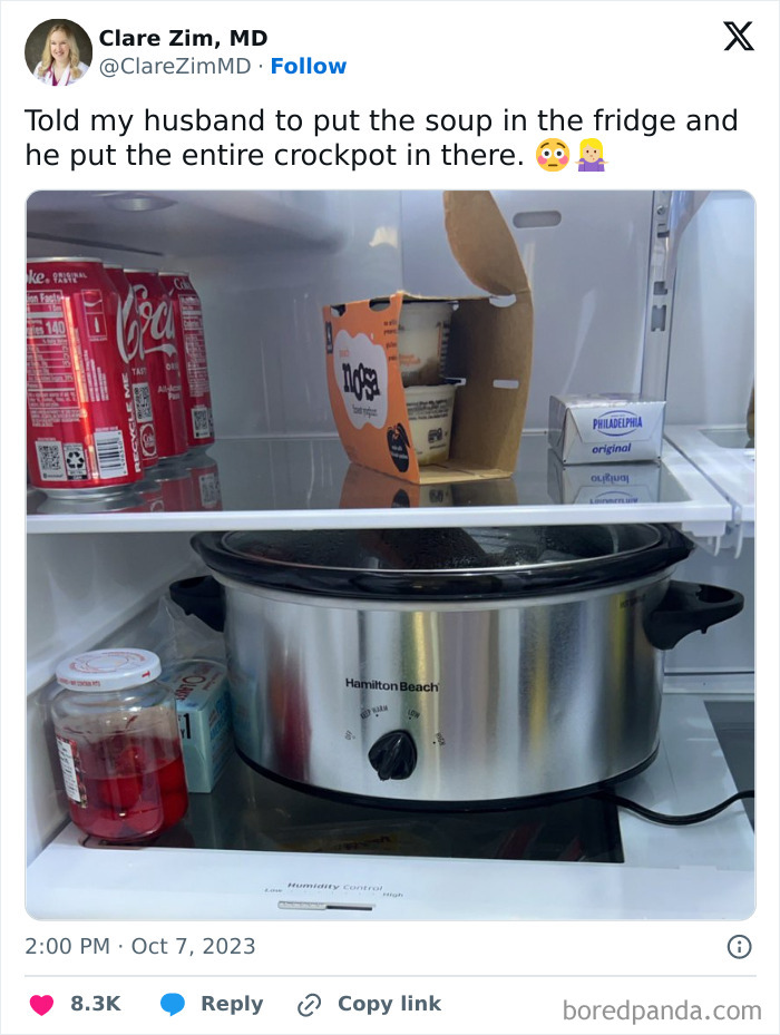 Husband humor with a crockpot inside a fridge filled with cans and yogurt, highlighting common annoyances.