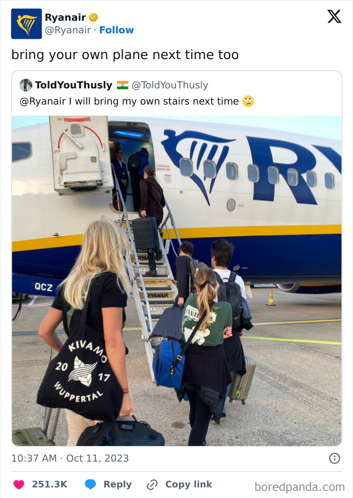 Passengers boarding a Ryanair plane, showcasing hilarious clever comebacks on social media.