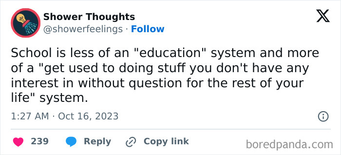Tweet by Shower Thoughts about the education system, highlighting creative ideas that emerge from shower thoughts.