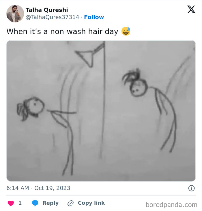 Stick figures in a shower illustration, humorously capturing a non-wash hair day. Memes for laughter and relatability.