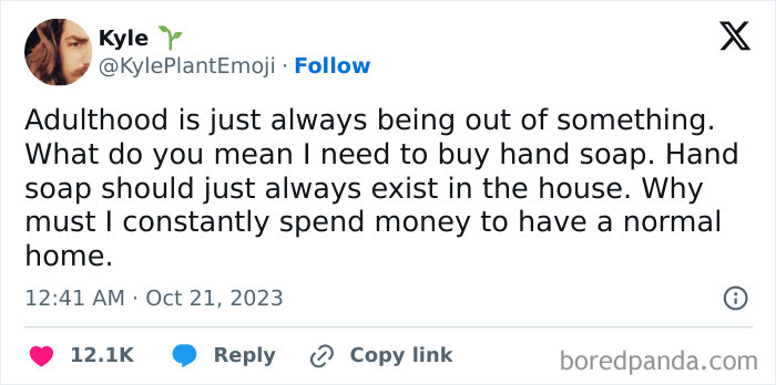 Tweet by Kyle about the humorous struggles of adulthood, mentioning the constant need to buy hand soap.