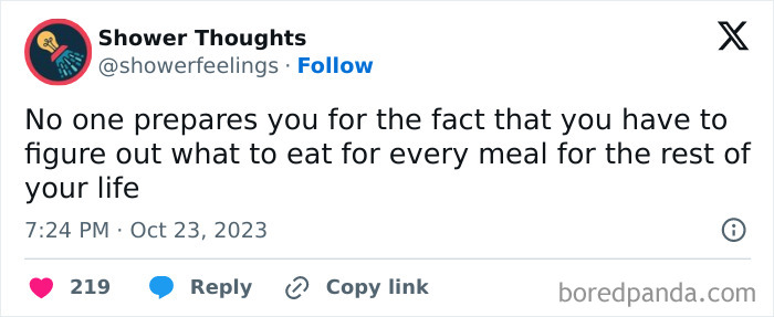 Shower thoughts tweet about meal planning challenges for life.