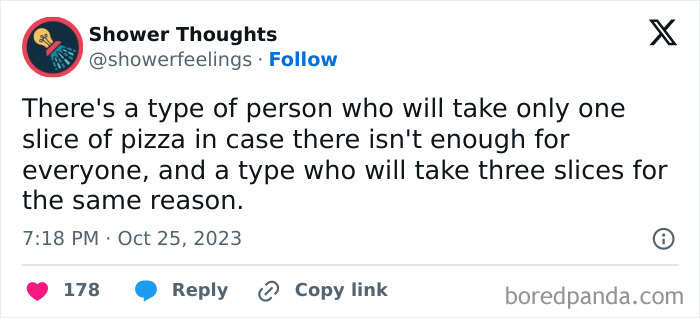 Shower thoughts tweet about different types of pizza sharers, posted by Shower Feelings.