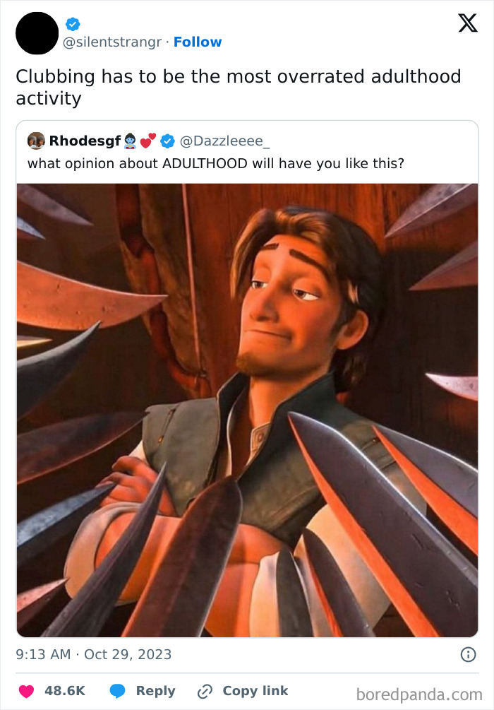 Funny adulthood tweet with character surrounded by swords, looking unimpressed.