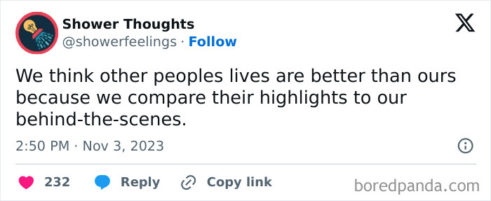 Shower Thoughts tweet about comparing life's highlights with others, gaining insights while showering.
