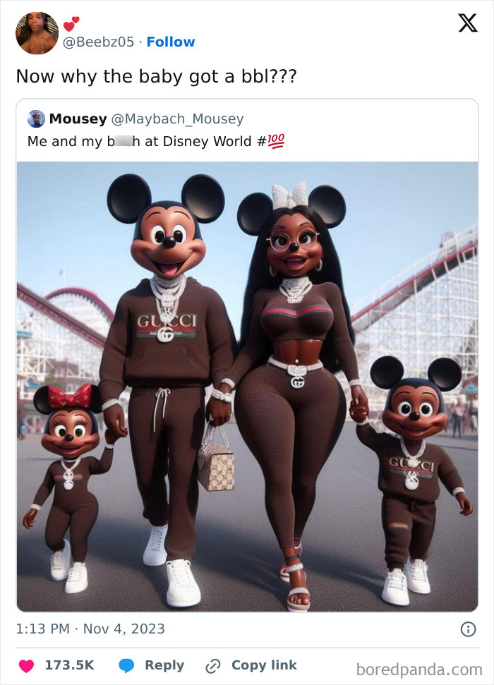 Cartoon mouse family at Disney World in matching Gucci outfits, humorously captioned about a baby getting a BBL. Misogynists shut down.