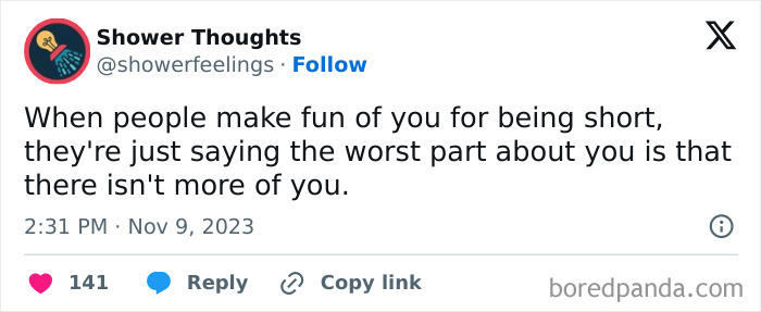 Tweet from Shower Thoughts sharing a witty insight about height, showing creativity often sparked during showering.