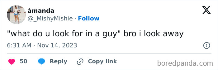 Tweet with a humorous meme about looking away when asked what qualities are sought in a guy.