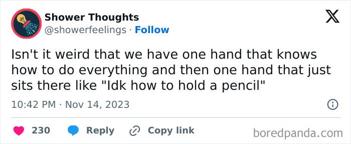 Tweet from Shower Thoughts about how one hand is skilled and the other is not; a funny shower idea.