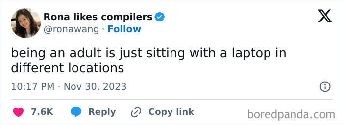 Tweet humorously describing adulthood as sitting with a laptop anywhere.