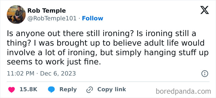 Social media post humorously questioning the need for ironing in adulthood.