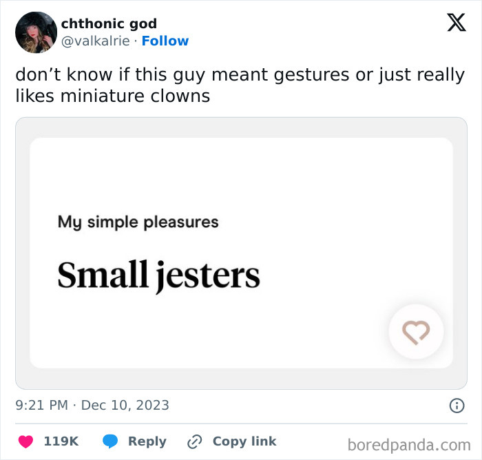 Tweet showing a spelling mistake with "Small jesters" instead of "gestures," highlighting a ridiculous word spelling error.