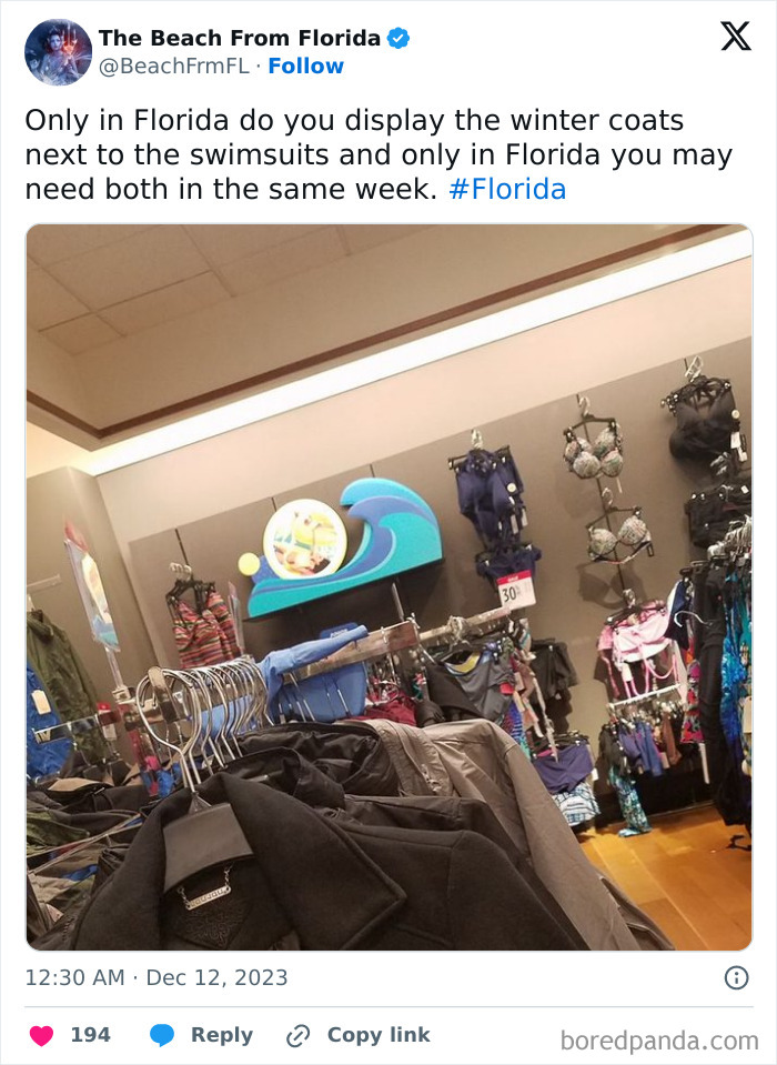 Store display in Florida showing winter coats next to swimsuits, highlighting Florida's varied climate needs.