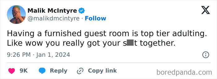 Tweet about adulthood humor, highlighting furnished guest rooms as a sign of maturity.