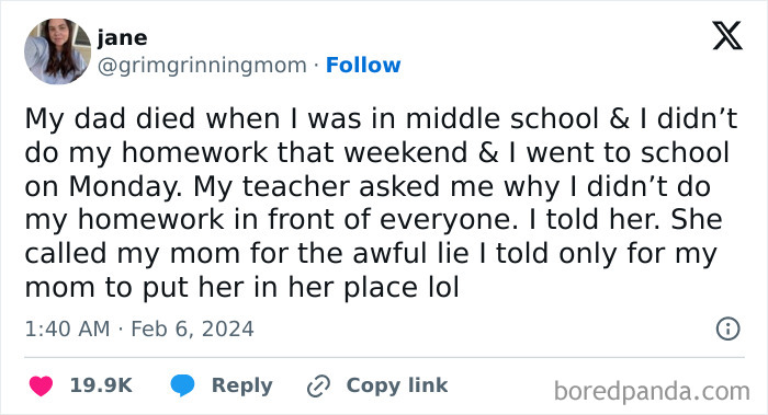 Tweet about a teacher's insensitivity, highlighting the theme of bad-infuriating-teachers' actions in a school setting.