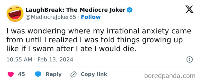 Relatable mental health meme about irrational anxiety from childhood beliefs, posted by LaughBreak: The Mediocre Joker.