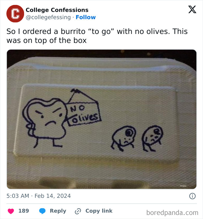 Cartoon burrito box with "no olives" warning, featuring a humorous drawing.