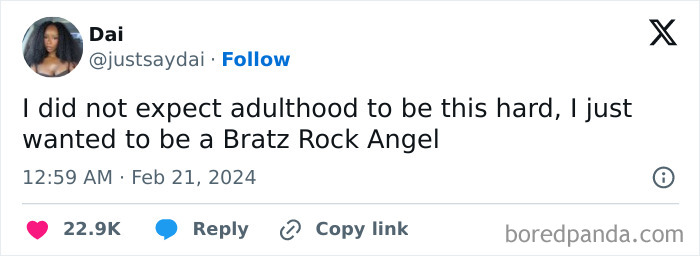 Tweet about adulthood challenges with humor, expressing a wish to be a Bratz Rock Angel.
