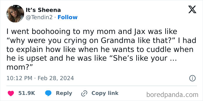 A humorous tweet about a kid misunderstanding a grandparent's role, highlighting a clueless moment.